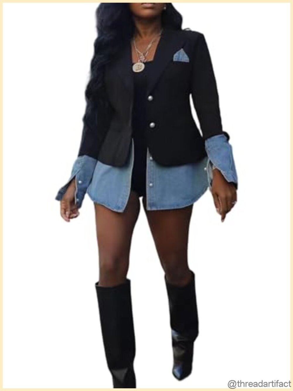 Women's Denim Patchwork Blazer Long Sleeve Pearl Button Casual Jacket